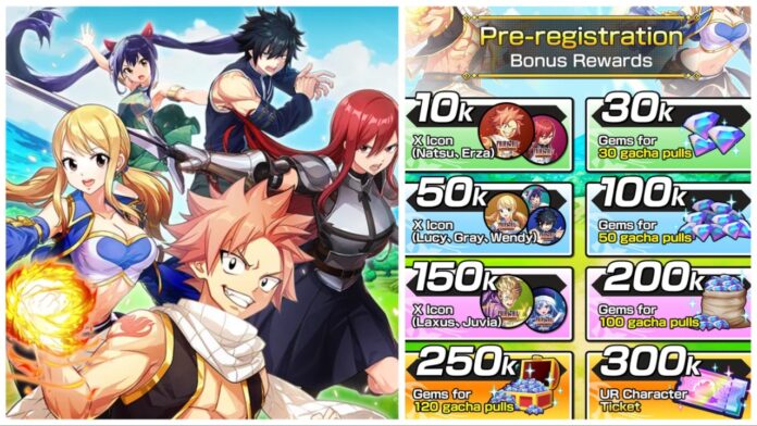 fairy-tail-wizard-chronicle-reroll-guide Feature image for our fairy tail wizard chronicle reroll guide showing the main cast on the left with the pre-reg rewards list on the right