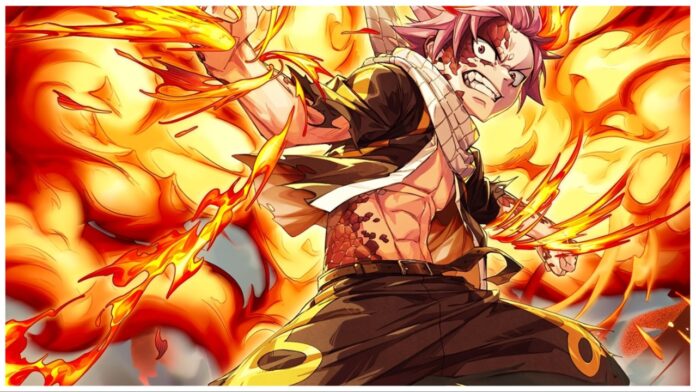 fairy-tail-wizard-chronicle-tier-list Feature image for our fiary tail wizard chronicle tier list showing the promo natsu dragon form illustration where he is surronded by flames as he readies to punch with a fierce expression