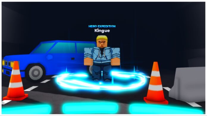 Feature image for our how to get anime advance hero swords guide showing the kingue npc with an intense expression as he stands in front of a tilted blue car.