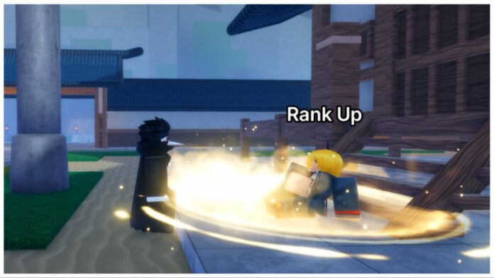 how-to-rank-up-in-jujutsu-zero Feature image for our how to rank up in jujutsu zero guide showing a player dressed as spamton from deltarune looking at the rank up NPC sitting on the floor