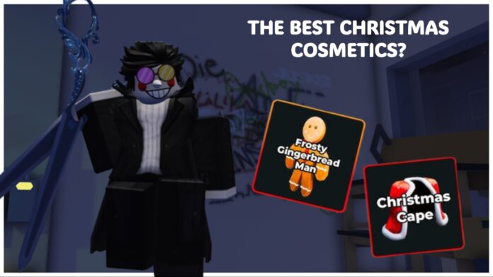 Feature image for our hunty zombie christmas cosmetics guide showing a player holding scissors standing next to two cosmetics