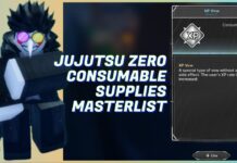 Jujutsu Zero Consumables Masterlist – Supplies Obtainment, Duration, and Uses Feature image for our jujutsu zero consumables masterlist showing a player on the left brushing off their coat sleeve with an image of an xp vow in game on the right with the article title in white in the middle