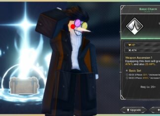 Jujutsu Zero Gear Masterlist – Charms, Rings, Talisman, and Artefacts Feature image for our jujutsu zero gear masterlist guide showing a chest on the left glowing upwards with a striking blue. On the right is the description of a charm with a player standing in the centre with a hand behind their head