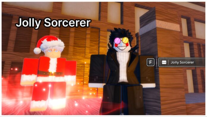 jujutsu-zero-jolly-crates Feature image for our jujutsu zero jolly crates guide showing a player dressed as spamton next to the jolly sorcerer npc who is gojo dressed as santa