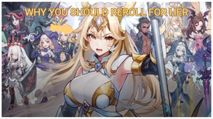 twilight-chronicle-idle-rpg-reroll-guide Feature image for our twilight chronicle idle rpg reroll guide showing renais being pointed at with yellow text above her head saying WHY YOU SHOULD REROLL FOR HER