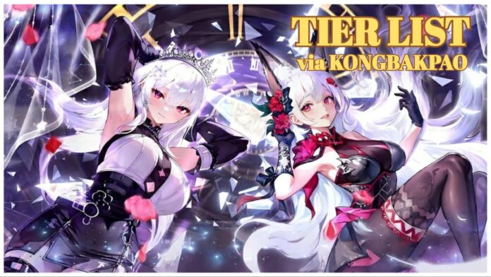 twilight-chronicle-idle-rpg-tier-list Feature image for our twilight chronicle idle rpg tier list showing two women with white hair looking at the viewer from a bottom-up angle. At the top right reads TIER LIST VIA KONGBAKPAO in yellow text