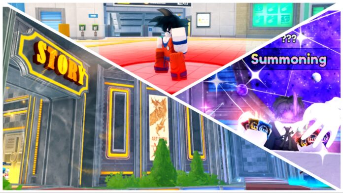 universal-tower-defense-beginners-guide Feature image for our universal tower defense beginners guide showing a 3-way collage with the story room, the roku npc, and the summons npc.
