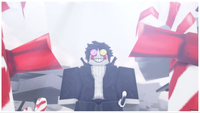 Feature image for our weak legacy 2 sound rework upd codes guide showing a bottom-up view of a player dressed as spamton standing between two tall candy canes