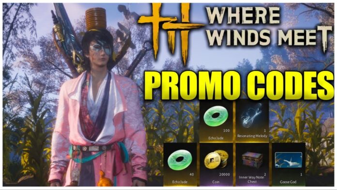Feature image for our where wind meets promo codes guide showing a character in a white open kimono-like gi with a tall hat on