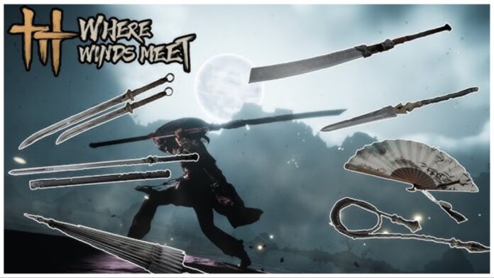 Feature image for our where wind meets weapon tier list showing a character leaning on a cliff surrounded by each weapon type with a white outline