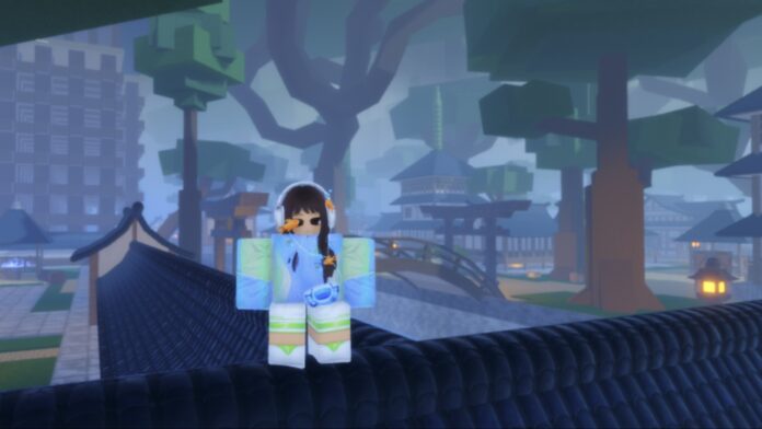 How-To-Get-Cursed-Flesh-and-Cursed-Fingers-In-Jujutsu-Zero Feature image for our How To Get Cursed Flesh and Cursed Fingers In Jujutsu Zero guide showing a character standing on top of a building with trees and houses behind her.