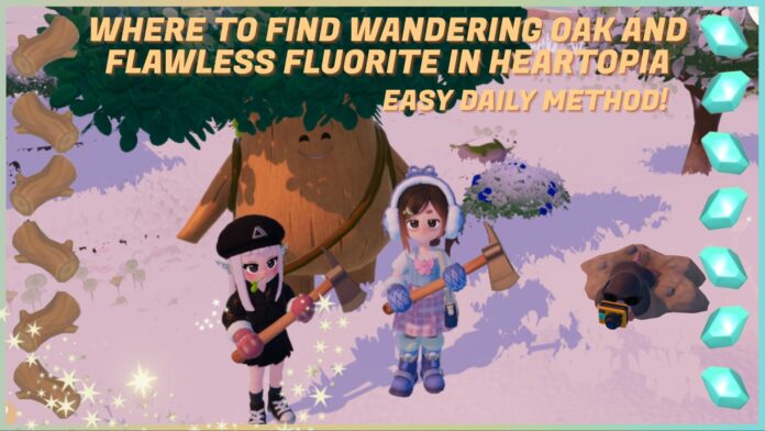 Wandering-Oak-and-Flawless-Flourite Feature image for our wandering oak and fluorite guide showing two players in front of the oak oak npc with the fluorite mole taking a pic of them on the right