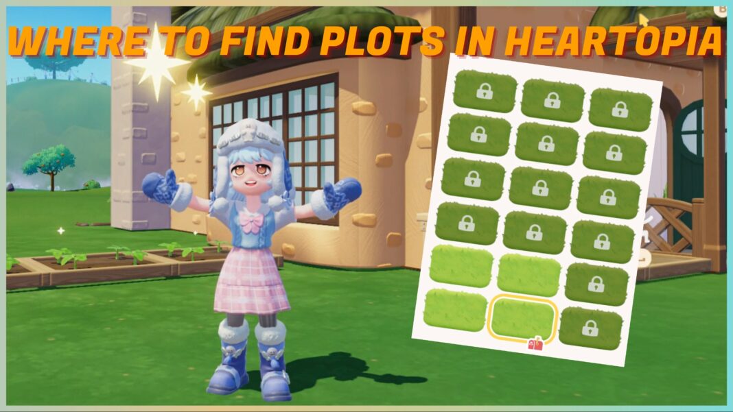 Feature image for our where to find plots in heartopia guide showing a player with their arms outstretched and an image of the plots next to them