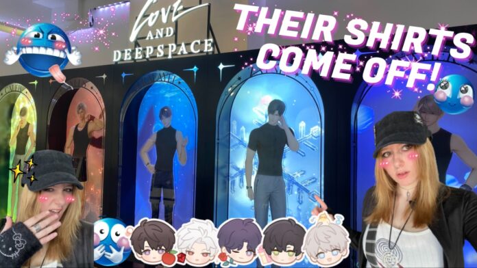Feature image for our love and deepspace 2nd anniversary feature, showing the author in front of the heat changing acrylics with a bunch of emote decor on the front
