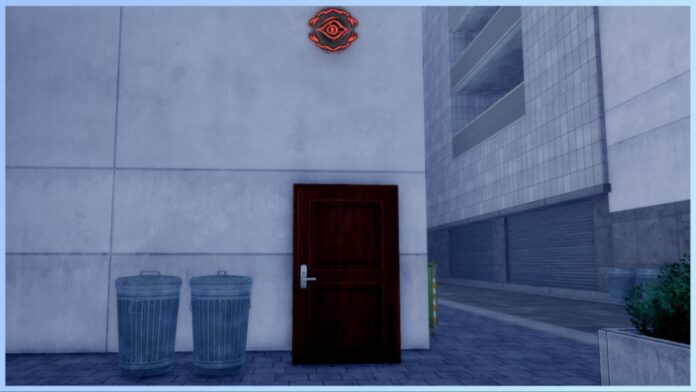 Feature image for our devil hutner contract tier list showing a door against a white wall of a building with a red eye marker above it. This door is a devil contract door.