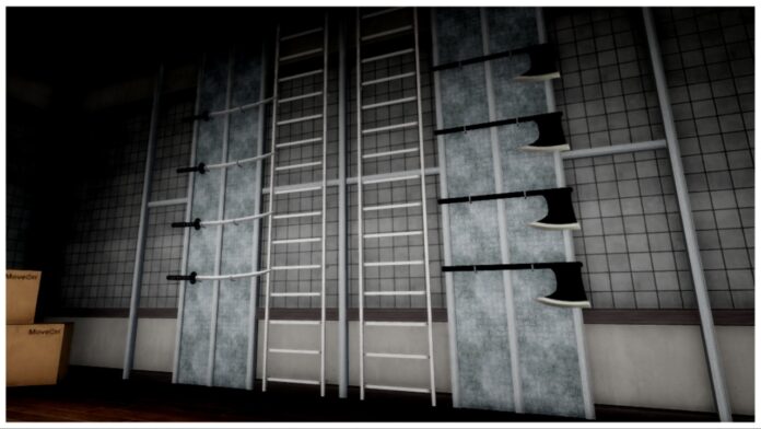 Feature image for our devil hunter weapons tier list showing a wall of swords and axes from within the devil hunter hq armoury building