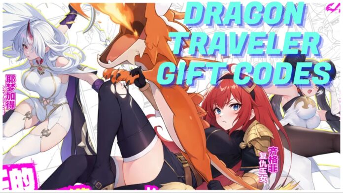 Feature image for our dragon traveler codes guide showing a series of characters against a black and white manga style comic. On the top in the right corner it reads the guide title in blue
