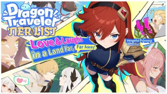 Feature image for our dragon traveler tier list showing a series of characters in a comic-style layout with dragon traveler tier list illustrated on the image