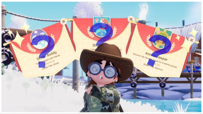 Feature image for our heartopia achievement badges guide showing a player shocked with three badges behind them