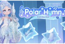 Heartopia Gacha System – Banners and Currencies Explained The Polar Hymn Conductor banner, which is part of the Heartopia Gacha System. It features a character with braided blue hair, with an ice-inspired dress. There are crystal bubbles showcasing some of the available items.