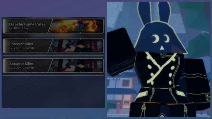 how-to-obtain-jujutsu-zero-secret-gear Feature image for our how to obtain jujutsu zero secret gear guide showing a player on the right pointing at the raids tab