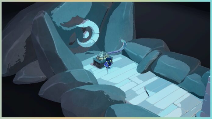 Feature image for our remnants of yore feature showing the mc, yore, in a top-down pixel style as they interact with a sigil on the wall.