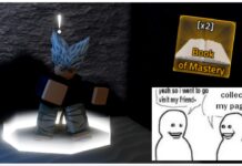 How To Get The Rogue Piece Book of Mastery Feature image for our rogue piece book of mastery guide showing the garou npc with the item next to him and a meme at the bottom about collecting pages