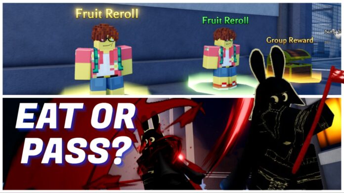 rogue-piece-fruit-tier-list Feature image for our rogue piece fruit tier list showing a player holding the blood scythe over a collage of them using the scythe to strike, and the fruit merchants on the top
