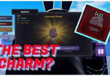 Rogue Piece Luminite Charm Obtainment and Stats Feature image for our rogue piece luminite charm guide showing the luminite banner with the charm in the top right corner and red text reading "THE BEST CHARM?" in the bottom left corner