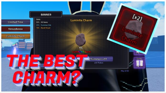 rogue-piece-luminite-charm Feature image for our rogue piece luminite charm guide showing the luminite banner with the charm in the top right corner and red text reading