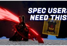 Rogue Piece Soul Spirit Obtainment and Stats – Is It The Best Relic? Feature image for our rogue piece soul spirit guide showing a player using the blood scythe to strike off screen to the left. On the right is the soul spirit relic with white text above reading SPEC USERS NEED THIS!