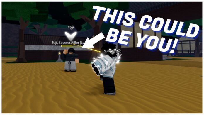 Feature image for our rogue piece toji update guide showing a player fighting the toji boss who is on half health. In white, the screen reads THIS COULD BE YOU with a white arrow pointing to toji