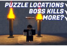 How I Completed The Sailor Piece Dungeon Questline Feature image for our sailor piece dungeon questline guide showing the dungeon NPC in between two pillars on fire. On the image it reads puzzle locations, boss kills, more? in white