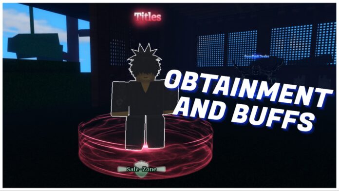 Feature image for our sailor piece titles masterlist showing a first person shot of the traits npc with OBTAINMENT AND BUFFS written in white next to his head.