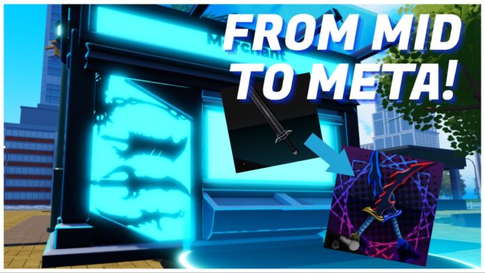 solo-hunters-weapons-tier-list Feature image for our solo hunters weapons tier list showing the weapons merchant with the weakest and strongest blade on the screen with white text reading FROM MID TO META