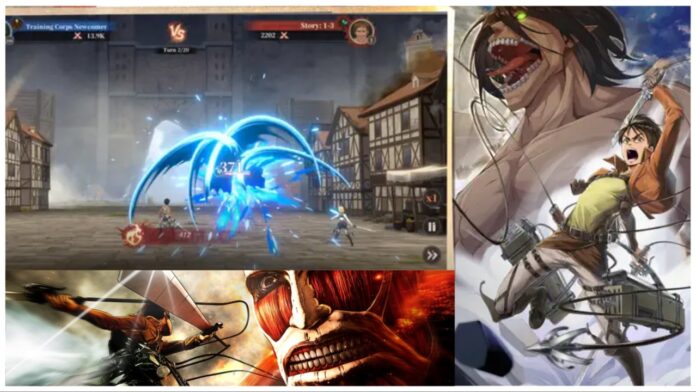 titan-regiment-tier-list Feature image for our titan regiment tier list showing a game screen with characters battling in the top left, with a banner underneath the game, and an illustration of eren on the right