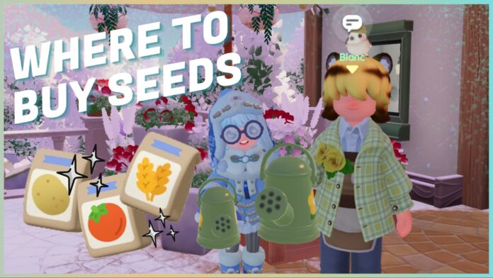 where-to-buy-seeds-in-heartopia Feature image for our where to buy seeds in heartopia showing a player with blanc with pngs of the seeds