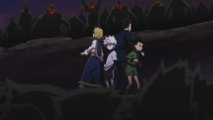 Feature image for our Hunter x Hunter Nen x Survivor Tier List showing four characters huddled together as monsters approach.