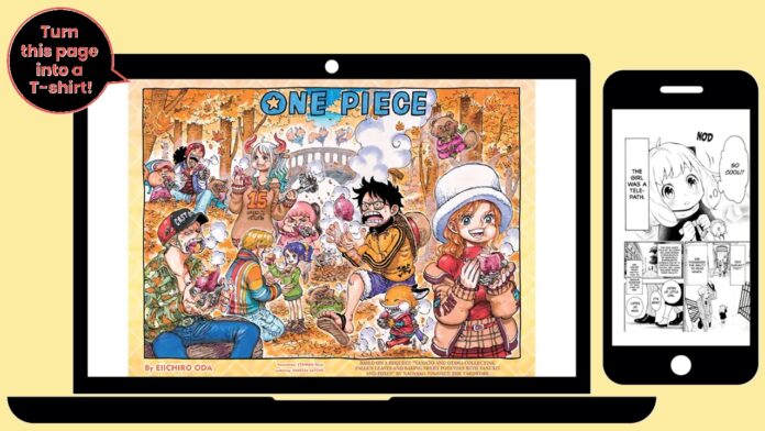featured image for our news on MANGA Plus T-shirts. It shows a manga page on a laptop and on a phone screen side by side.
