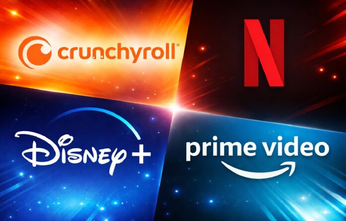featured image for our news on UK new regulatory framework streaming platforms. It shows logos for Crunchyroll, Netflix, Disney+ and Amazon prime video.