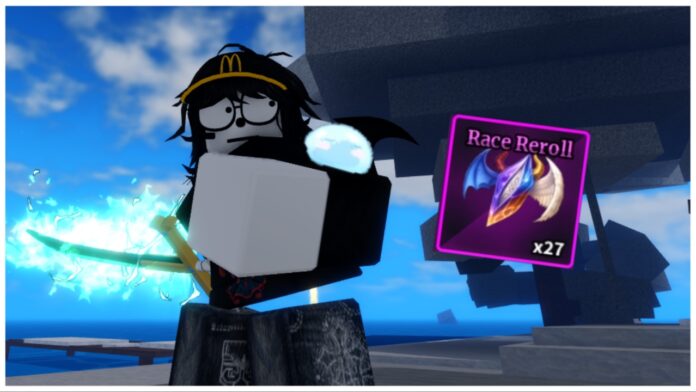 best-race-in-sailor-piece Feature image for our best race in sailor piece guide showing a player extending their shoulder to show a blue slime. On the right in a clear area is the race reroll item