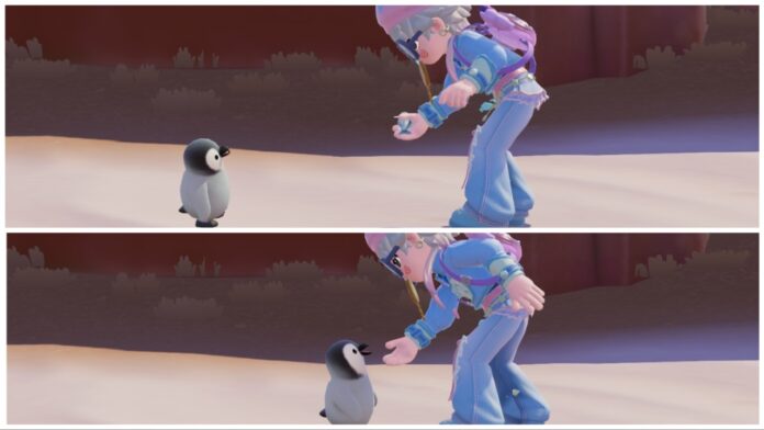 Feature image for our Heartopia Penguins guide, showing a player interacting with a baby penguin, holding a fish and then feeding it to the penguin.