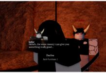 How To Become a Demon in Slayerbound – Plus BDA Masterlist Feature image for our how to become a demon in slayerbound guide showing a player from behind talking to the ??? dealer