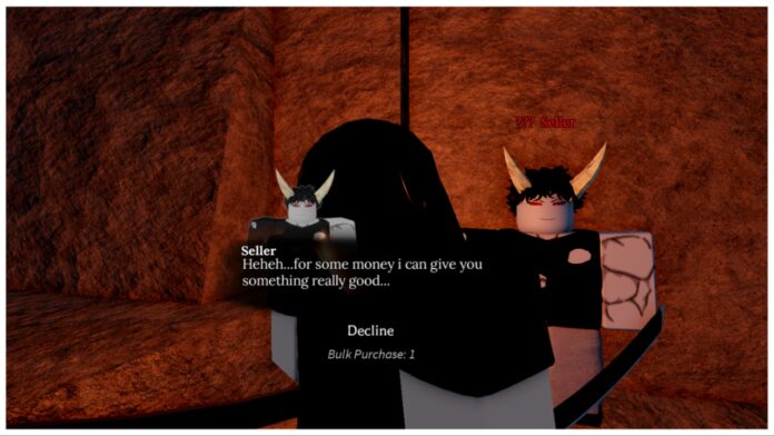 how-to-become-a-demon-in-slayerbound Feature image for our how to become a demon in slayerbound guide showing a player from behind talking to the ??? dealer