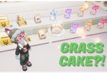 How to Make a Grass Cake in Heartopia: Green Roll Cake Recipe Guide Feature image for our how to make a grass cake in heartopia guide showing a player looking up at a baked cake in what looks like a convenience store with sugar in the background