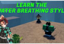 How To Unlock Slayerbound Water Breathing Style Feature image for our how to unlock slayerbound water breathing style guide showing the water trainer npc with a tanjiro png on the left. Above the trainer in green letters it reads LEARN THE WATER BREATHING STYLE