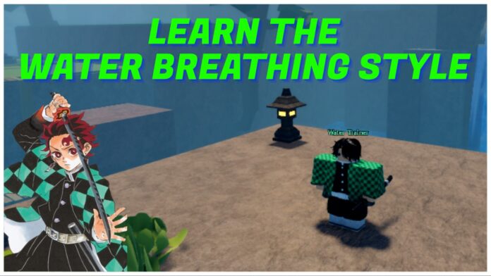 how-to-unlock-slayerbound-water-breathing-style Feature image for our how to unlock slayerbound water breathing style guide showing the water trainer npc with a tanjiro png on the left. Above the trainer in green letters it reads LEARN THE WATER BREATHING STYLE