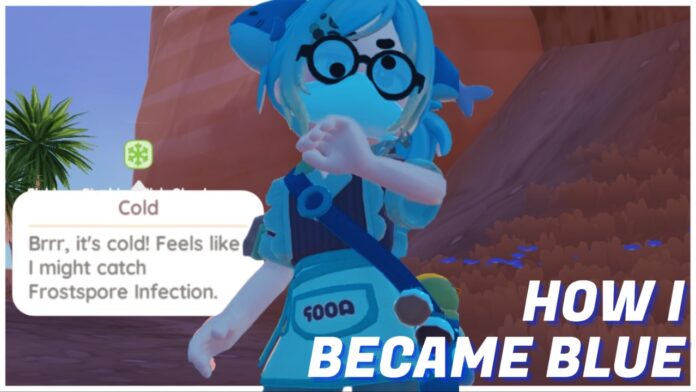 Feature image for our is the blue skin in heartopia real guide showing a player looking shocked with blue skin and the cold status effect on their left