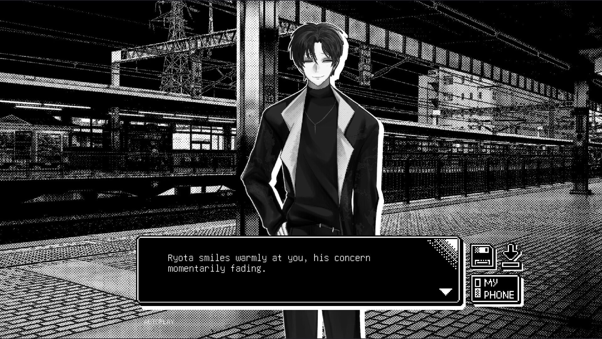 A dialogue scene with Ryota from Lover's Enigma. He smiles at you.