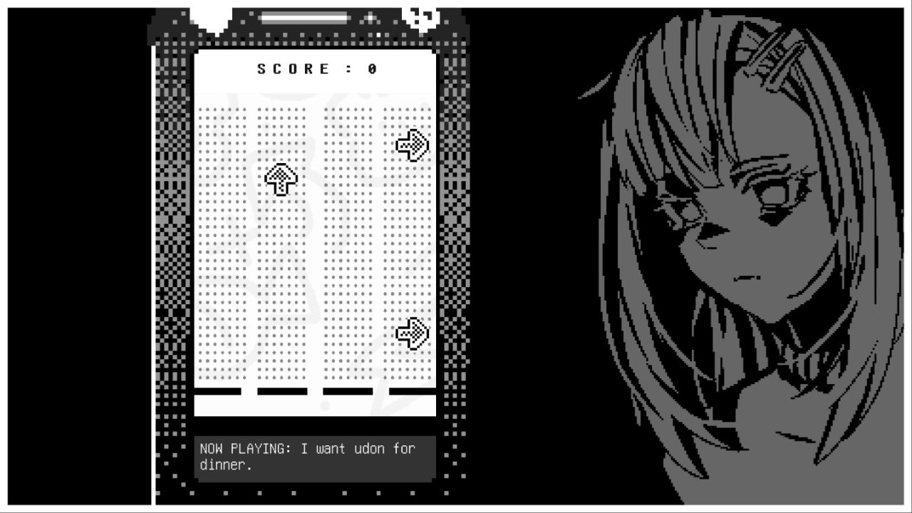 Image shows the in-game mobile game in a black and white pixel styles.